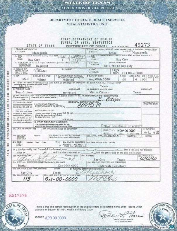 Download USA Texas state death certificate template in PSD format, fully editable, version 2 Photoshop template